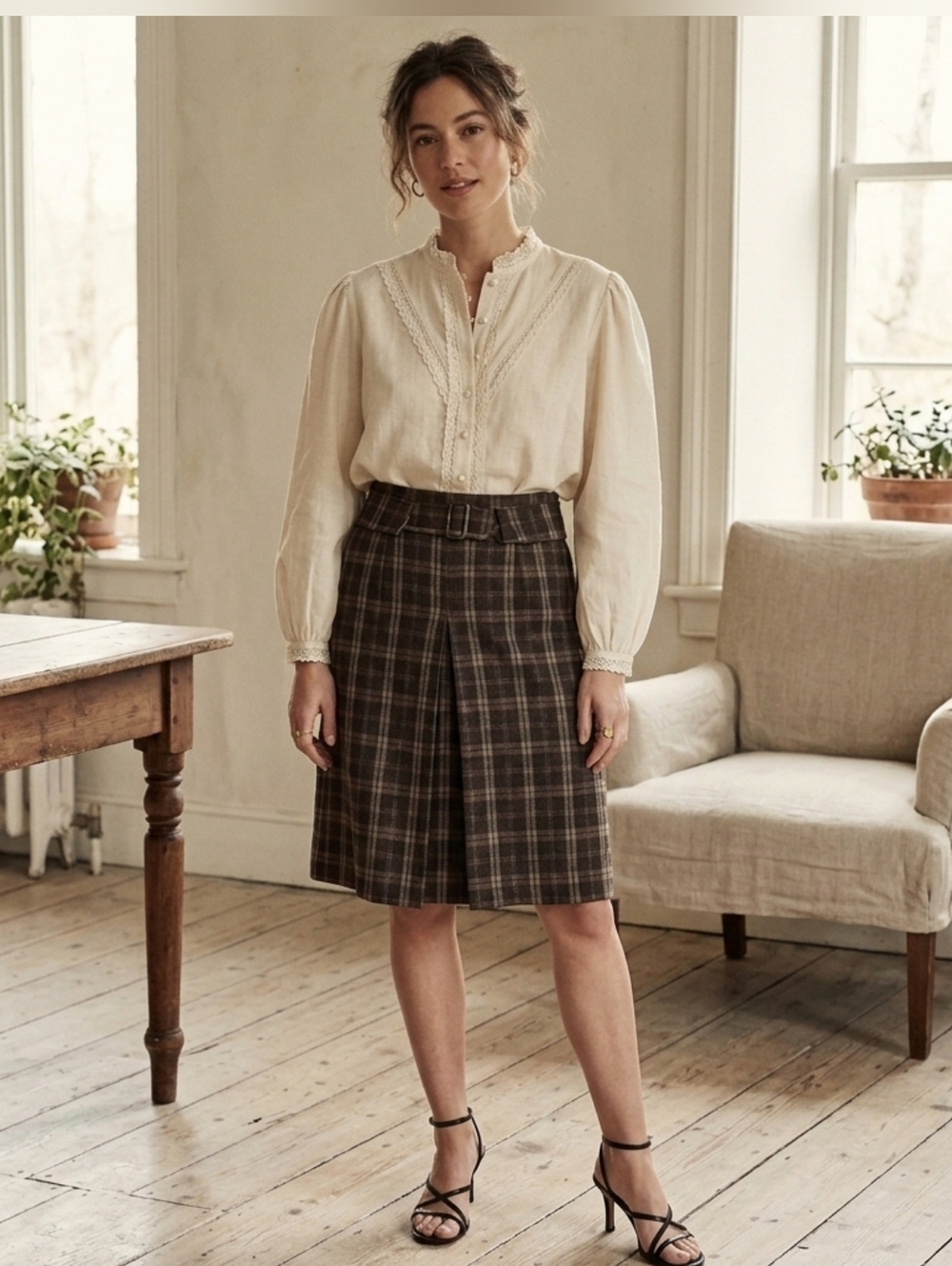 Mario Serrani Wool Blend Brown Plaid A-Line Skirt with Belt